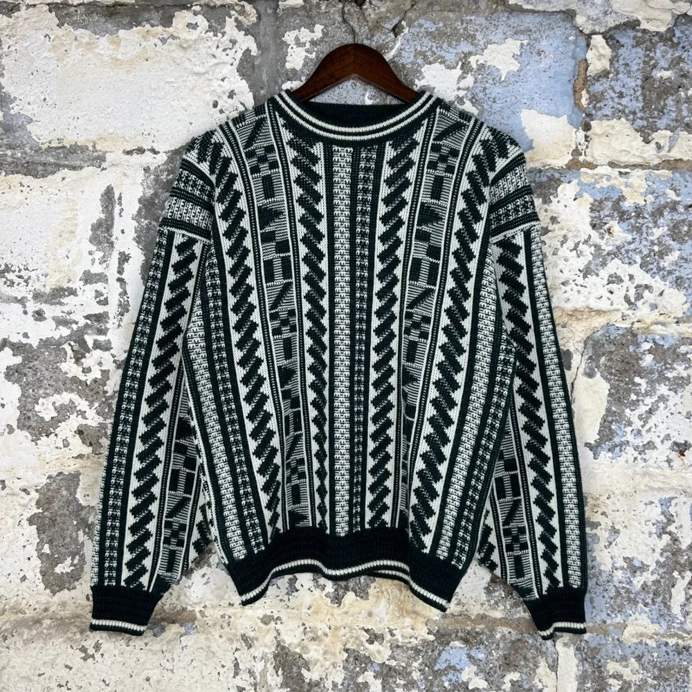 Vintage Geometric Knit Sweater Dark Green Cream Retro Pullover Mens Large